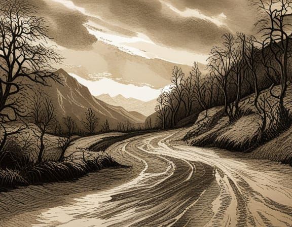 Rustic Woodcut Landscape