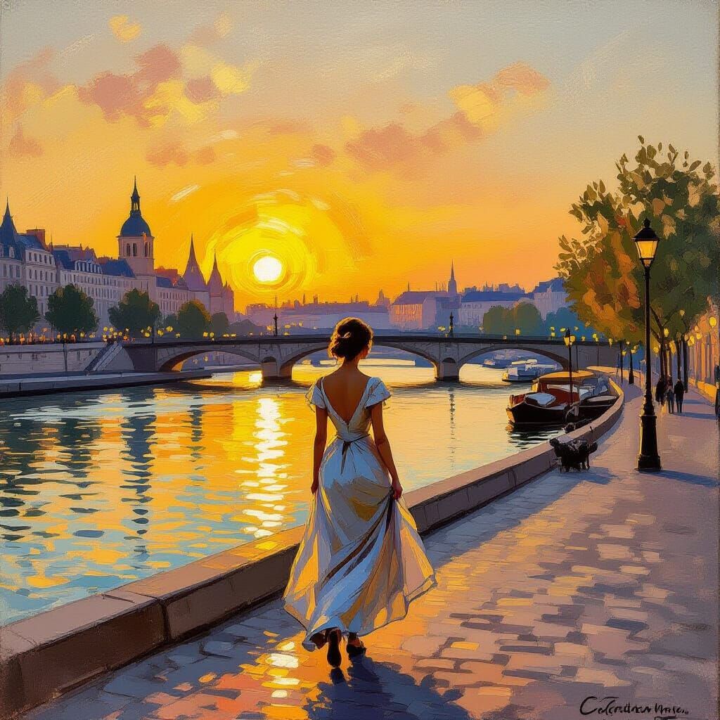 Elegant Woman Strolls Along Seine River at Sunset