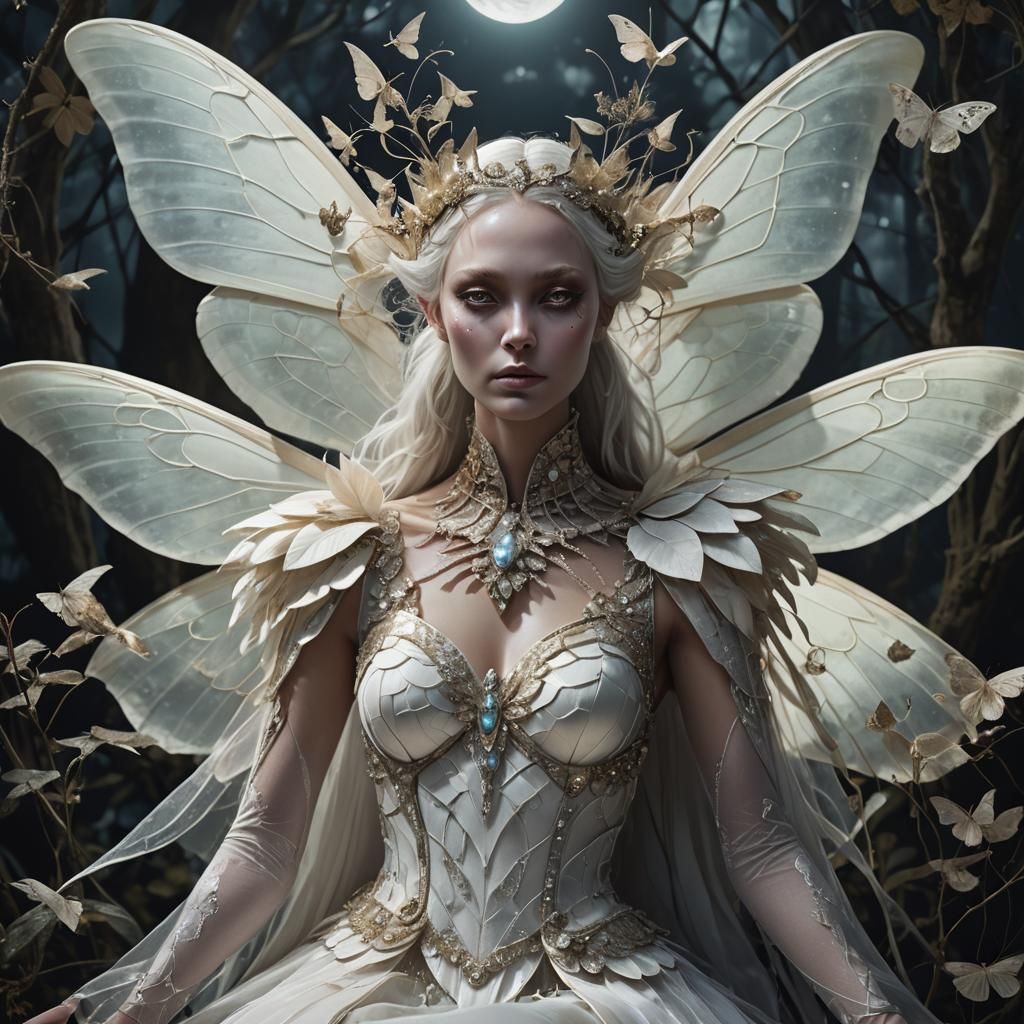 Ethereal Moon Moth Queen Portrait in Anime Style