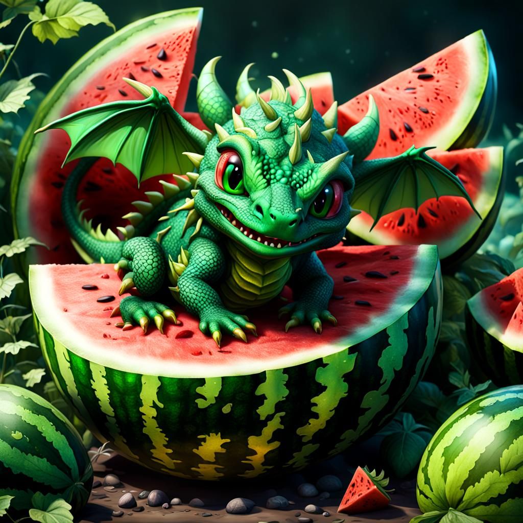 Baby Dragon Asleep in Watermelon, Detailed Digital Art
