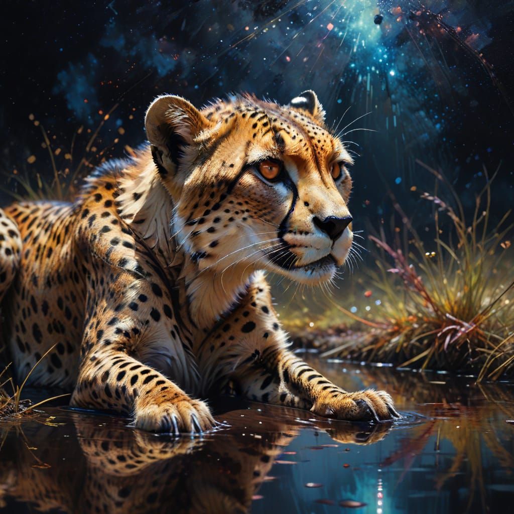 Cheetah's Reflection in Starry Savanna Waterhole