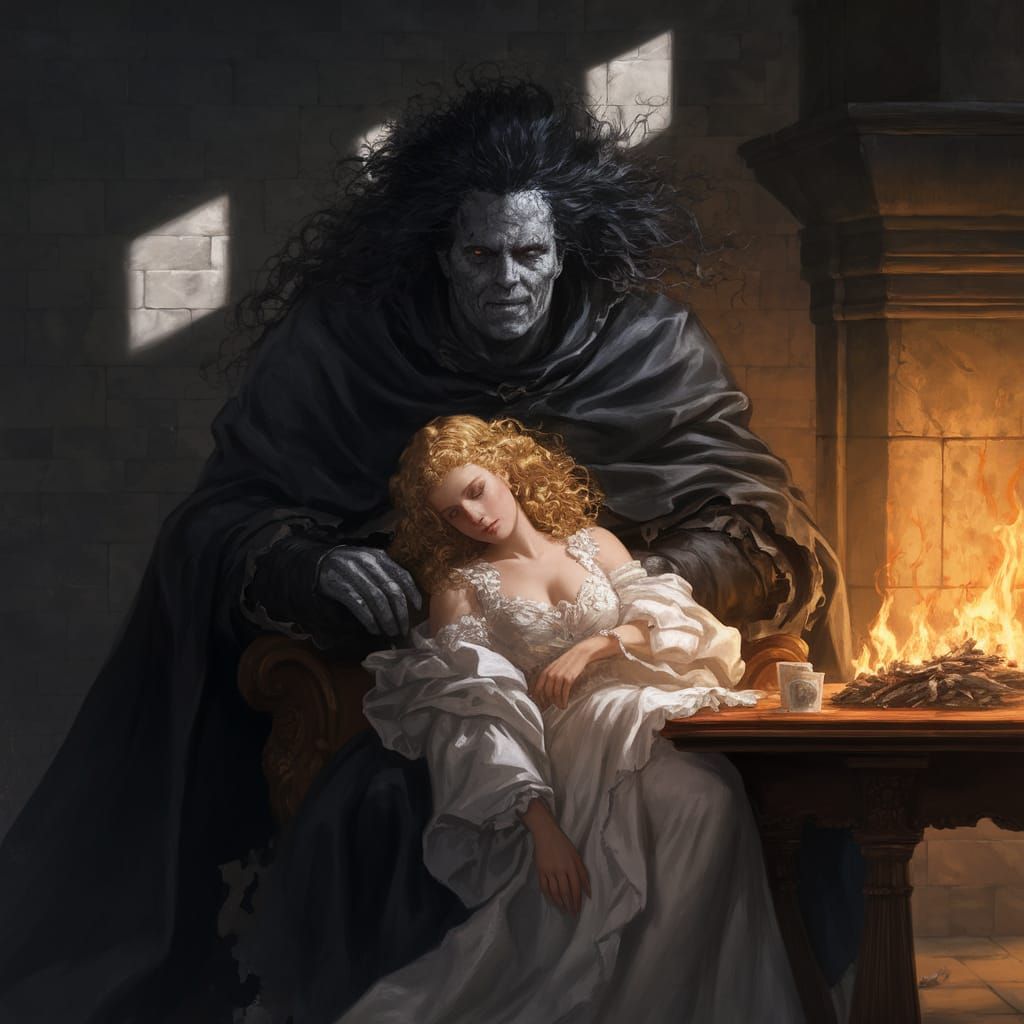 A Dark Lord Seated in Shadows, Surrounded by Mysterious Woma...