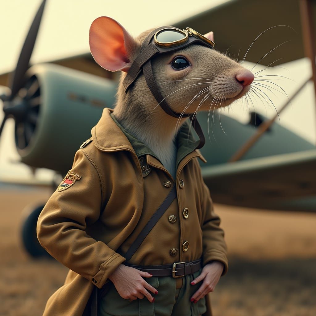 Rat Person Pilot in Vintage Biplane