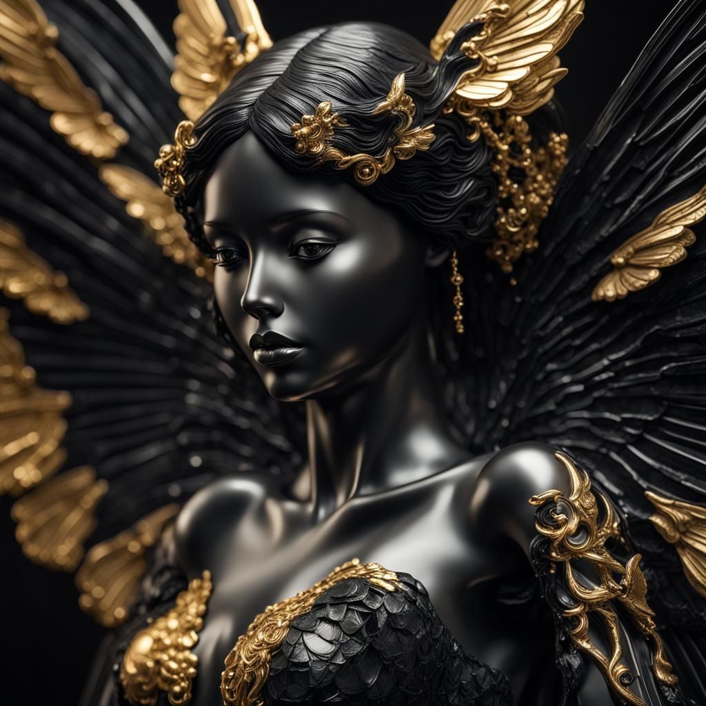 Obsidian Fairy Woman with Golden Wings