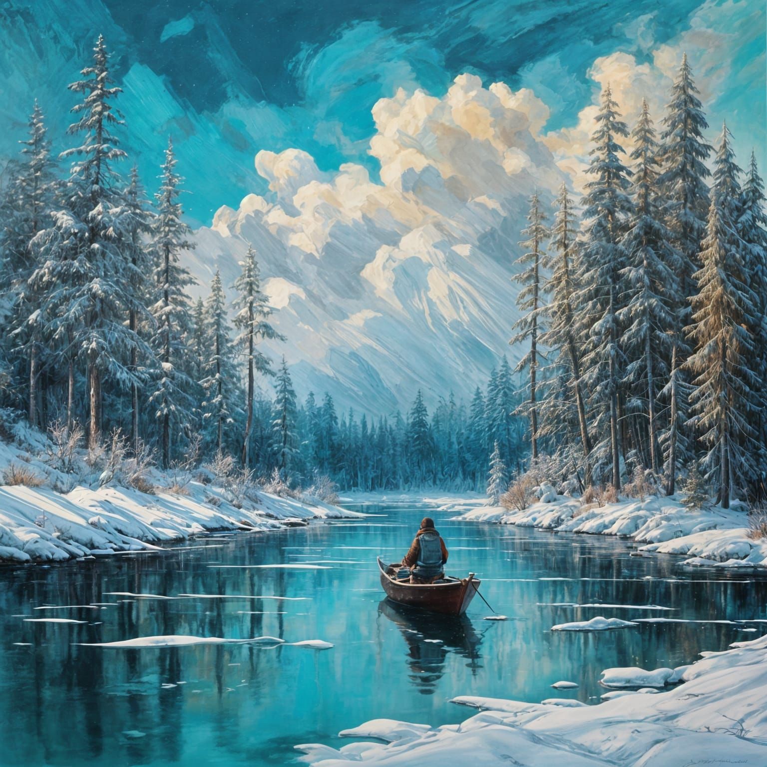 Lone Traveler Rows Through Frozen River Under Dramatic Sky