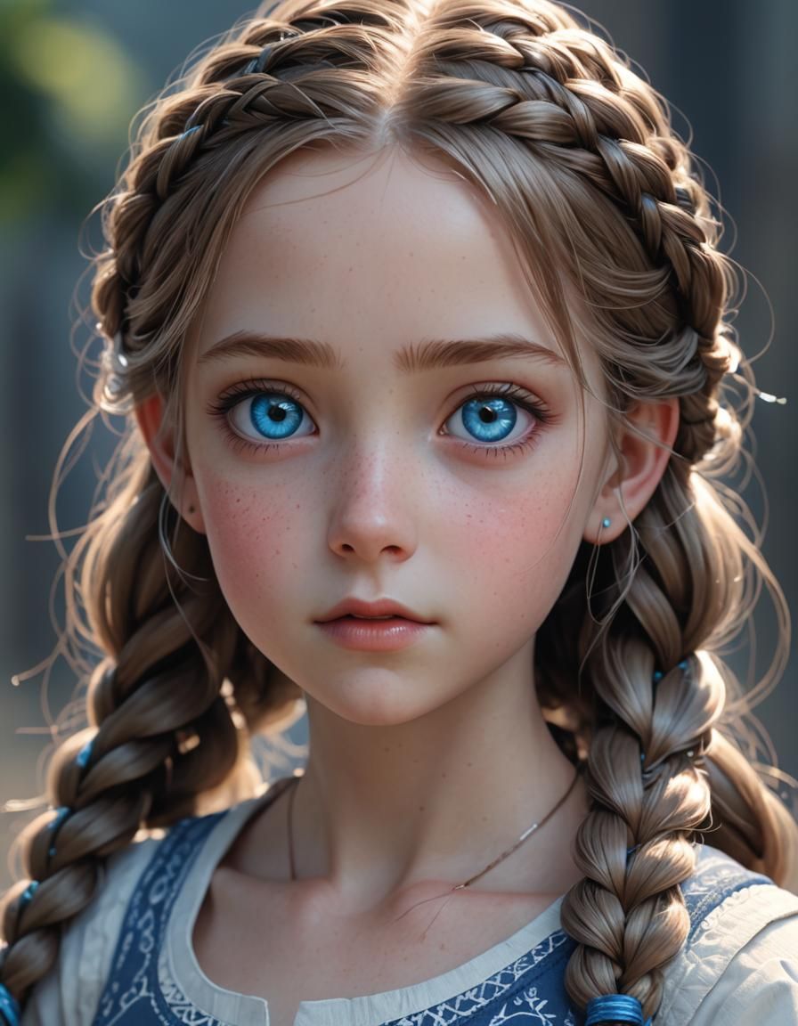Anime Style Portrait of a Beautiful Girl with Blue Eyes