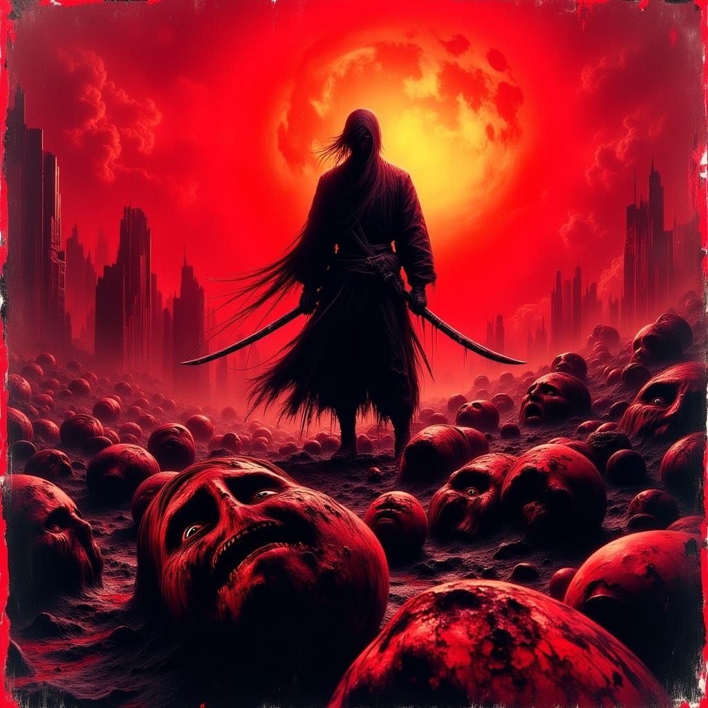 Samurai Warrior Amidst Blood-Red Sunset