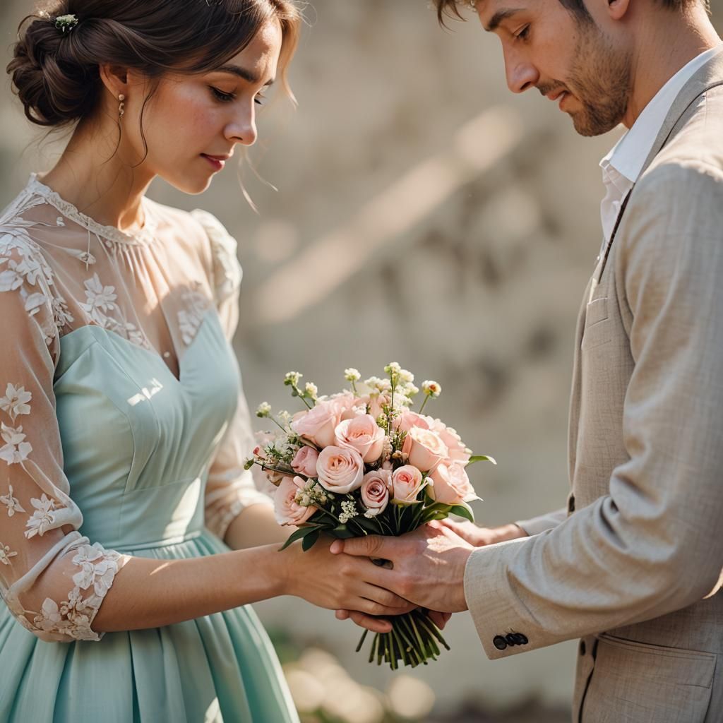 Tender Moment: Man Presents Flowers in Portrait Photography