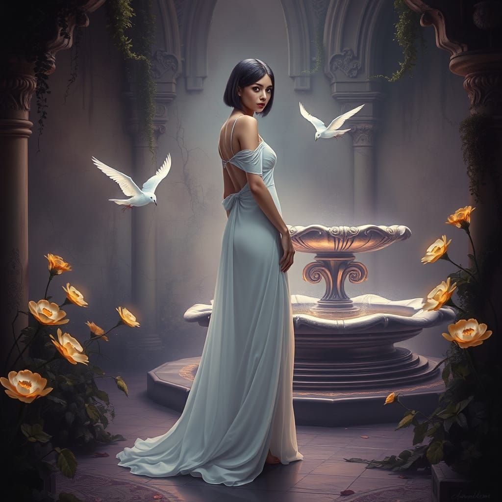 Neoclassical oil painting with a surreal and ghostly ambiance — a poised, ethereal lady with sleek, short midnight-purpl...