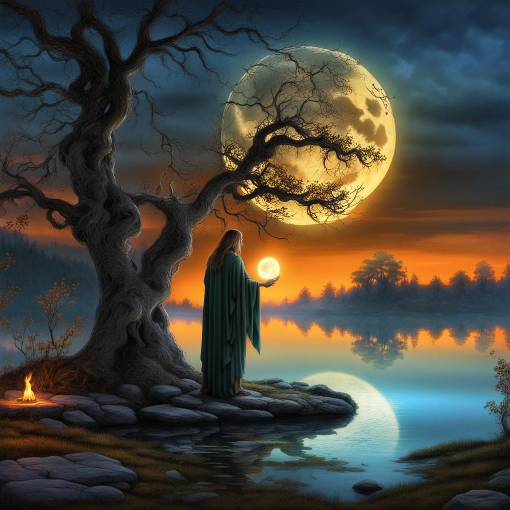 Druid's Lakeside Samhain Ceremony: A Matte Painting