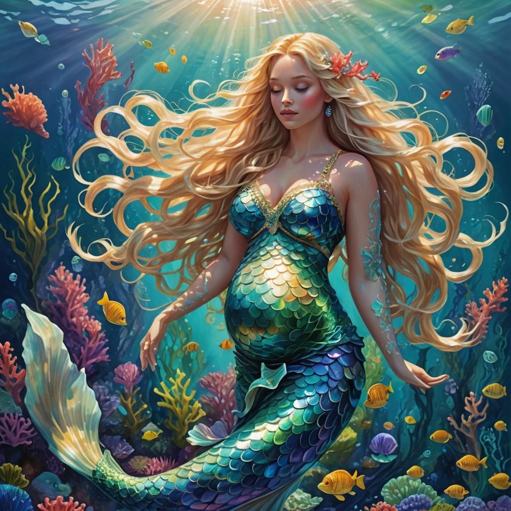 Ethereal Pregnant Mermaid in Iridescent Ocean