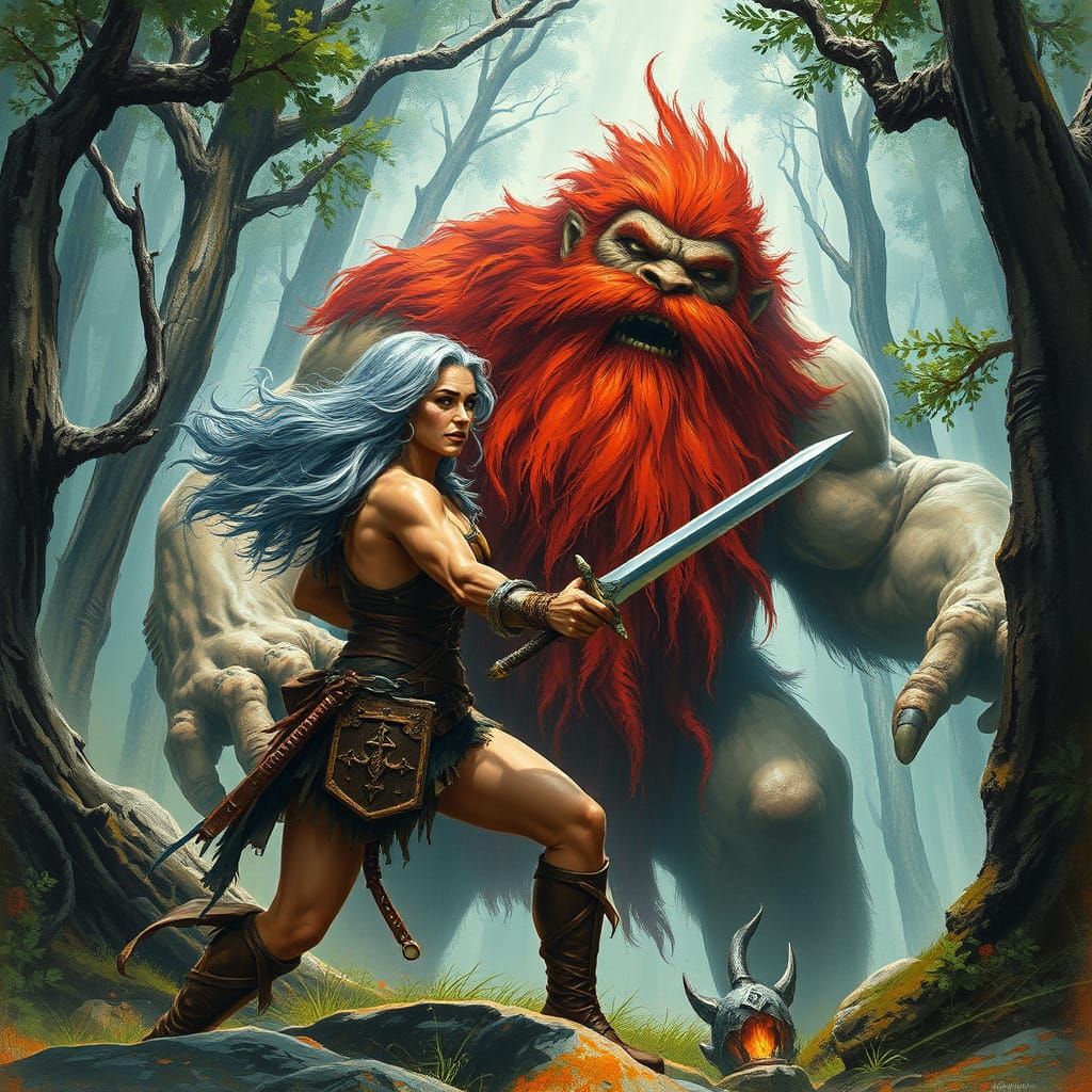 Amazon Warrior Battles Giant in Mystical Forest