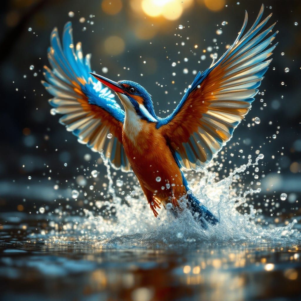 Hyper-Realistic Kingfisher Emerges from Water in a Splash of...