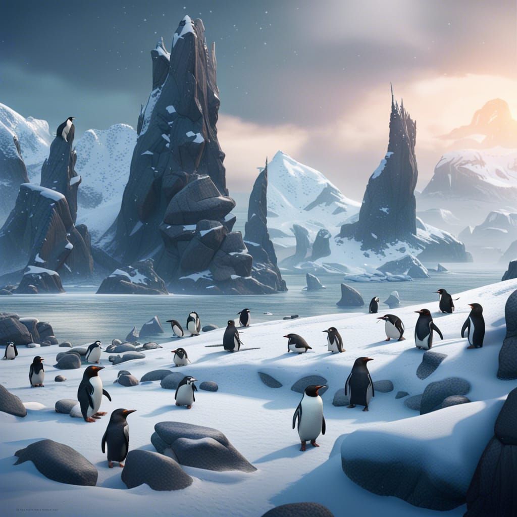 Penguins and Seals in Snowy Landscape