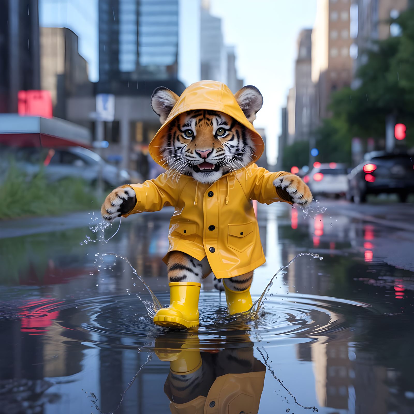 Tiger Cub Joyfully Splashing in Summer Rain