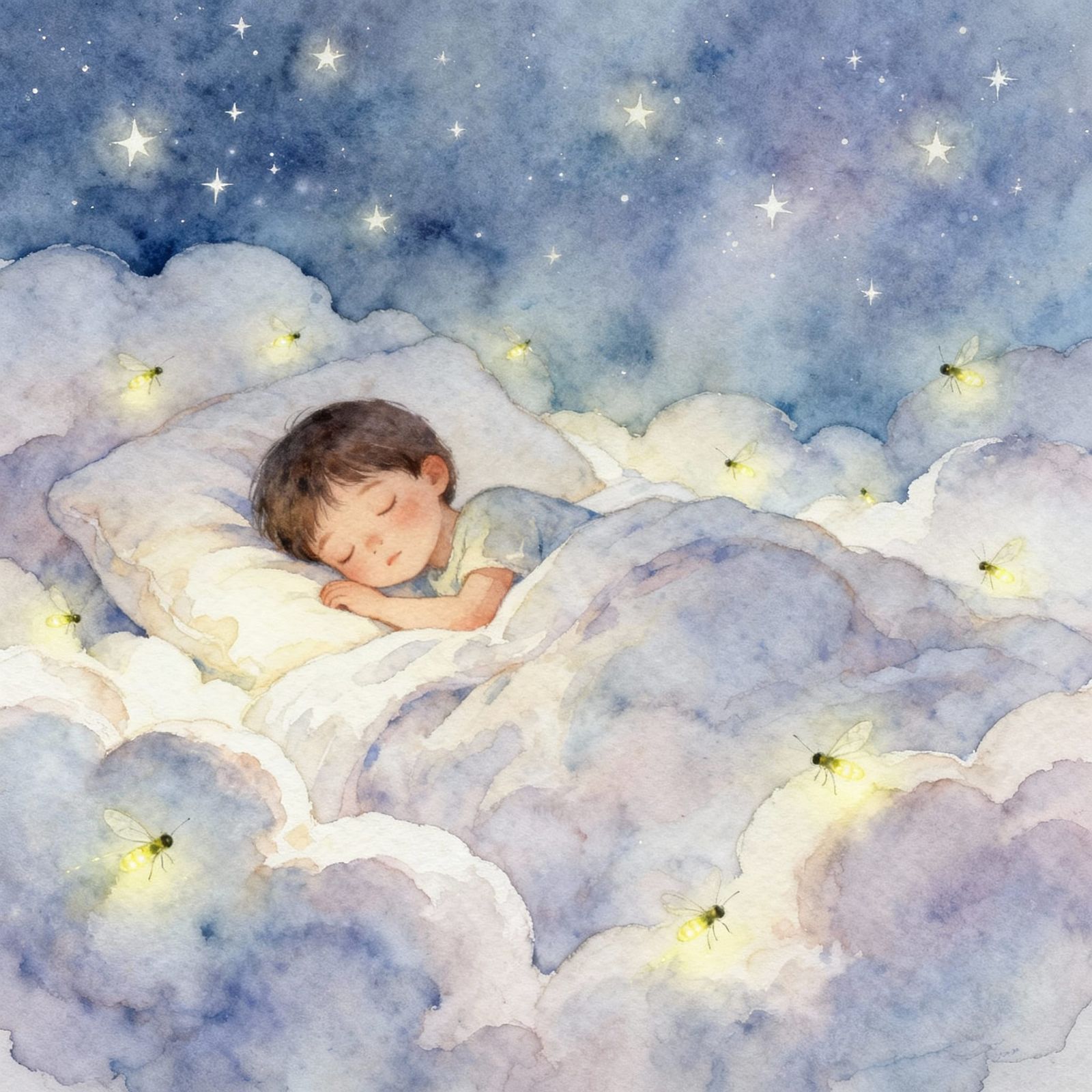 Child Sleeping on Clouds in Ethereal Watercolor Style