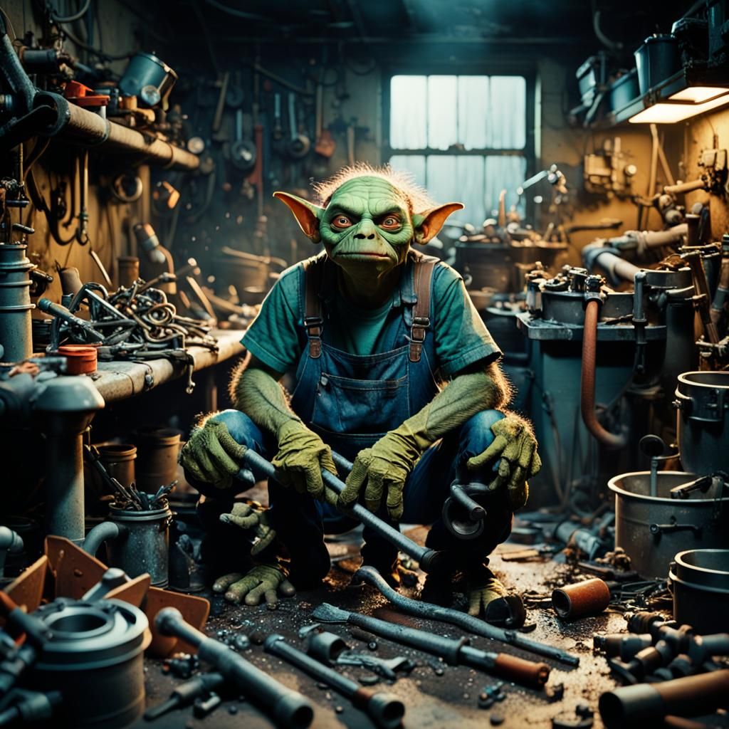 Tired Goblin Plumber in a Cinematic Film Still