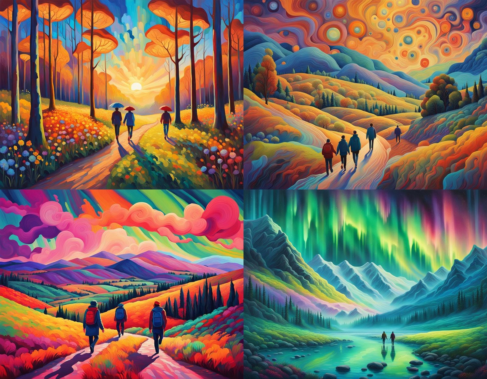 People walking in a beautiful landscape dynamic lighting hyp...