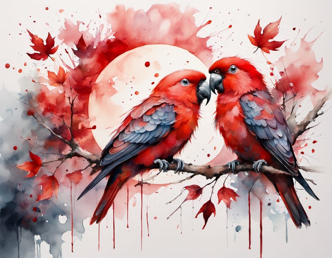 Red Lovebirds Under a Red Moon in Stylized Watercolour