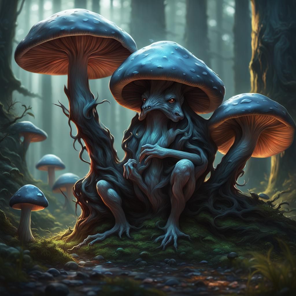 Mushroom Creatures in Black and Silver Forest