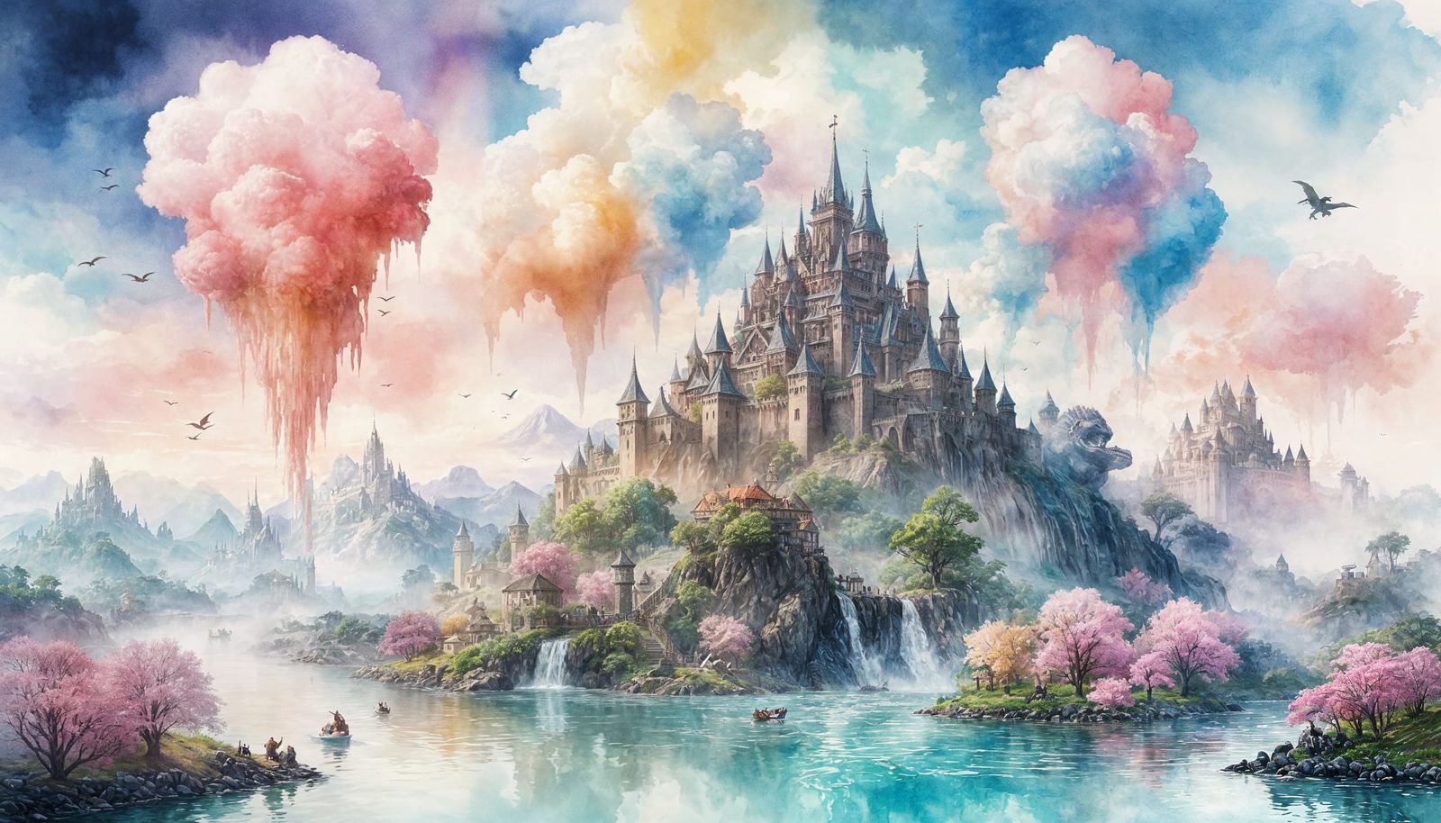 Cotton Candy Castle with Dragons, Watercolour Art
