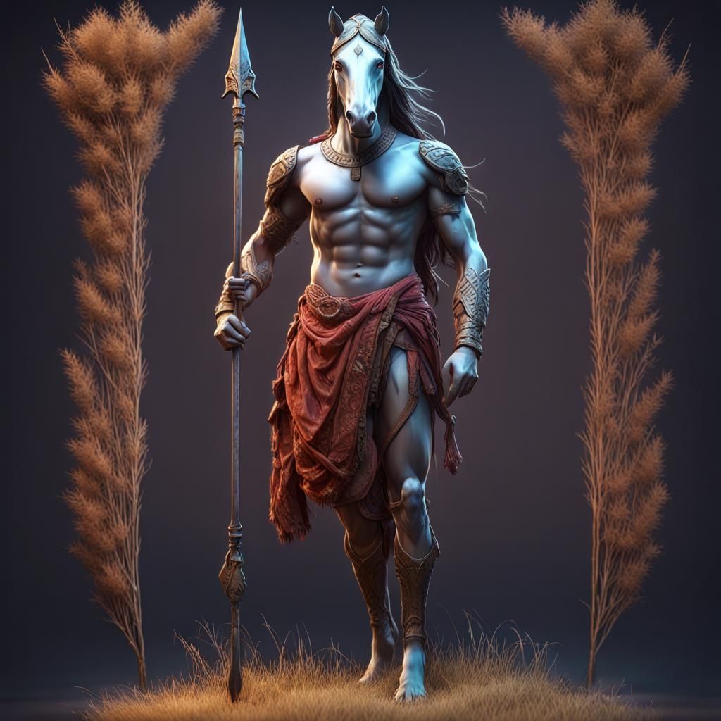Horse-Headed Man with Spear in Dark Fantasy Style