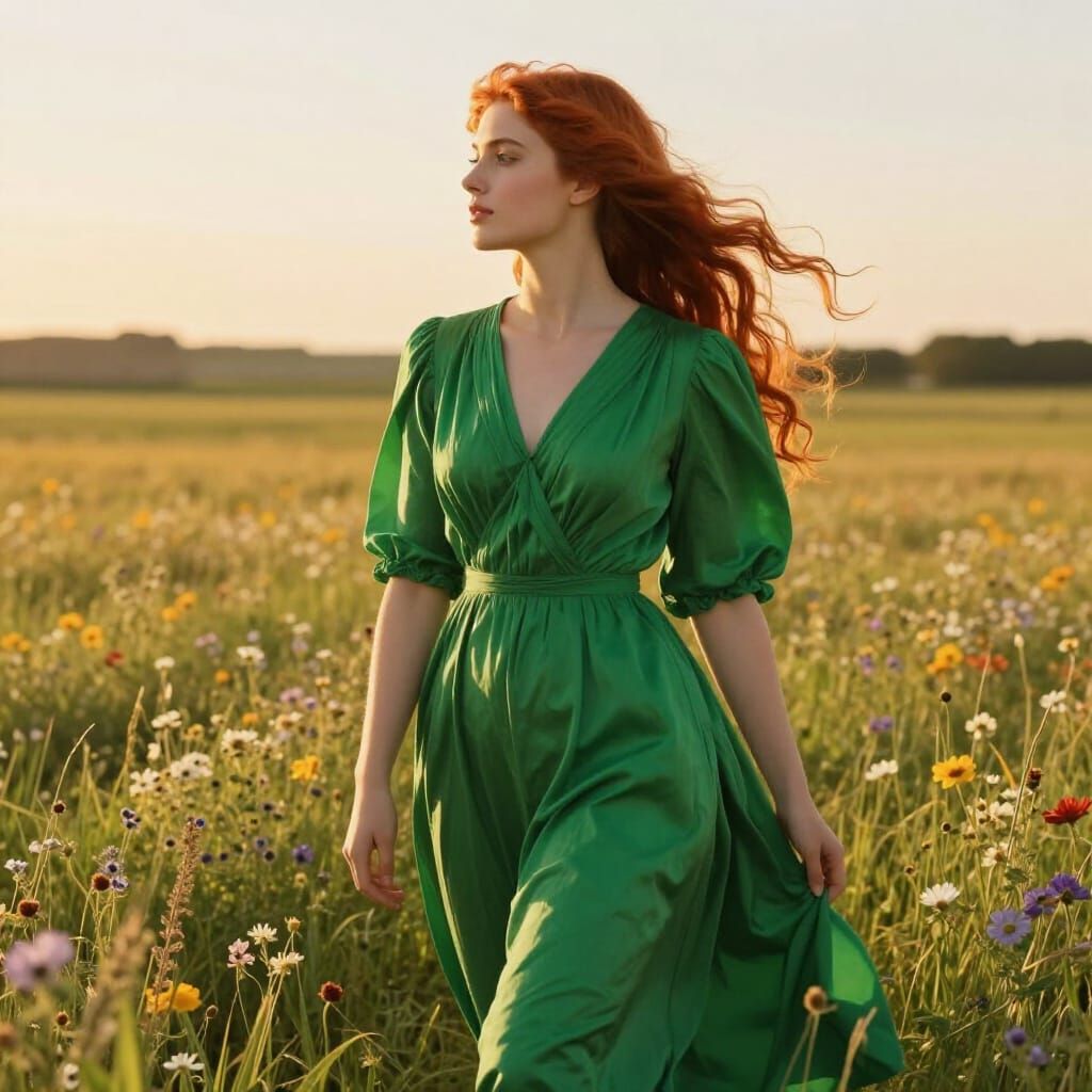 Woman in Emerald Dress in Sunlit Meadow