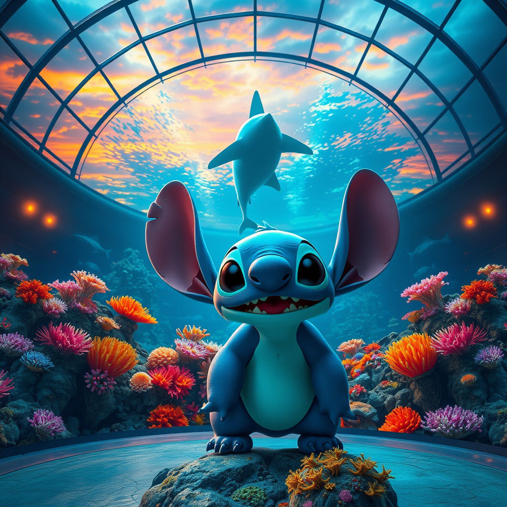 Stitch at Futuristic Aquarium in Concept Art Style