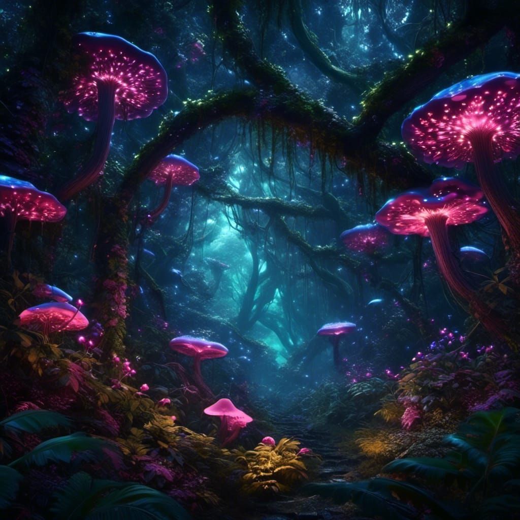 Neon-Lit Rainforest Canopy at Night