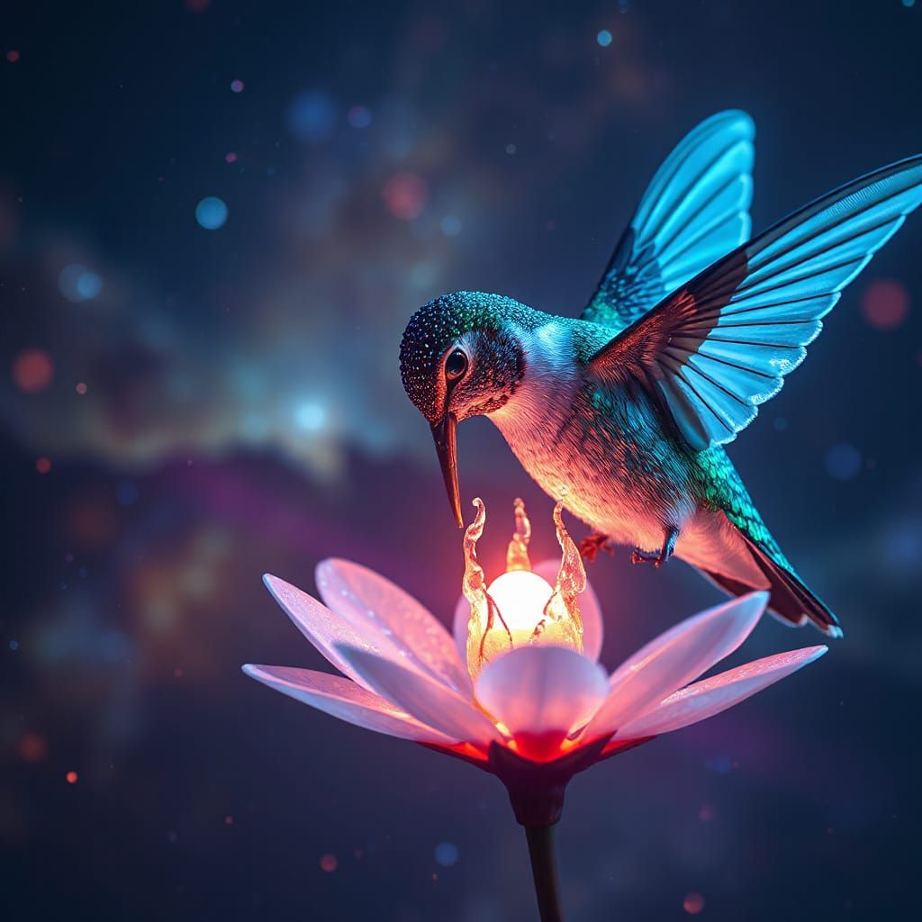 Surreal Holographic Hummingbird Amidst Cosmic Nebula