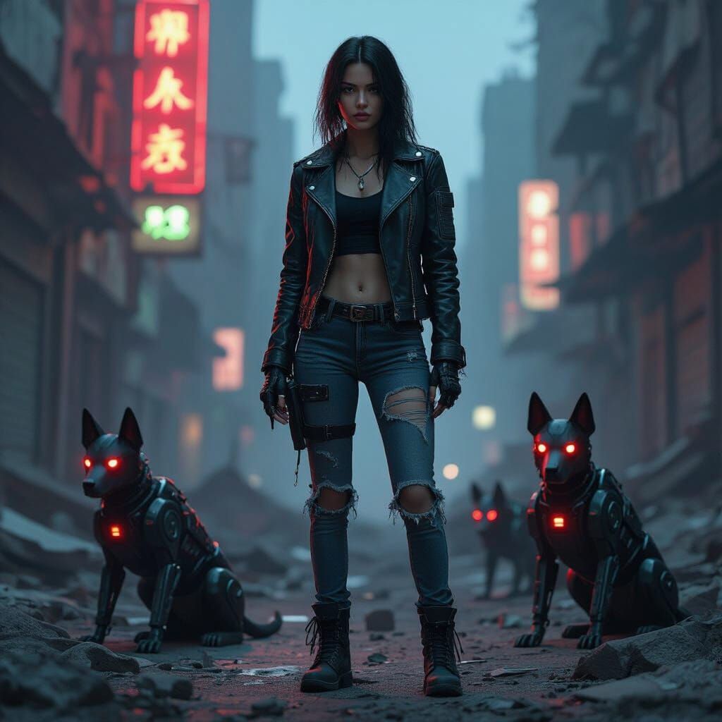 Cyberpunk Woman in Ruined Cityscape