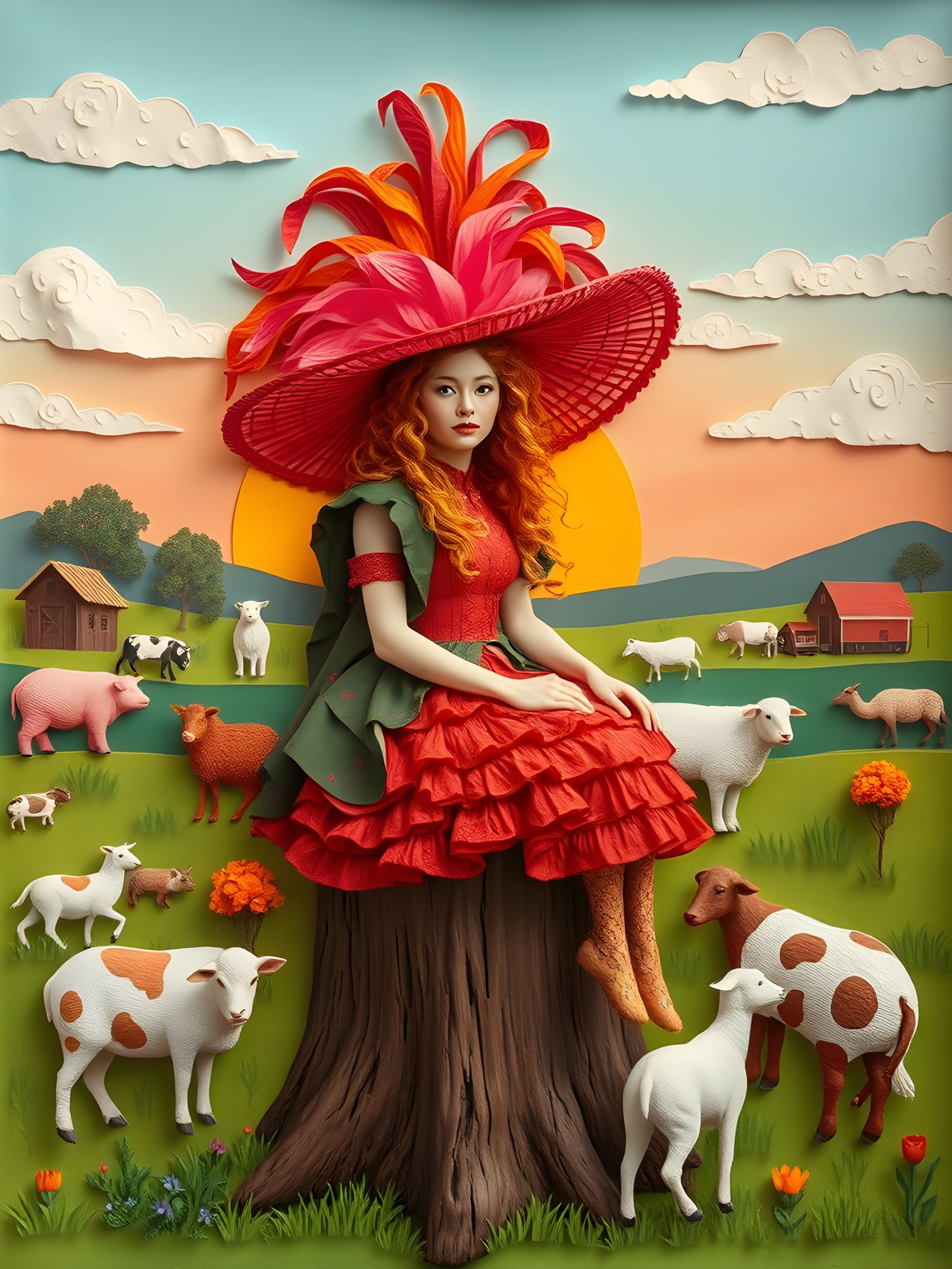 Ginger Farm Girl Adorns Stump in Opulent Diorama