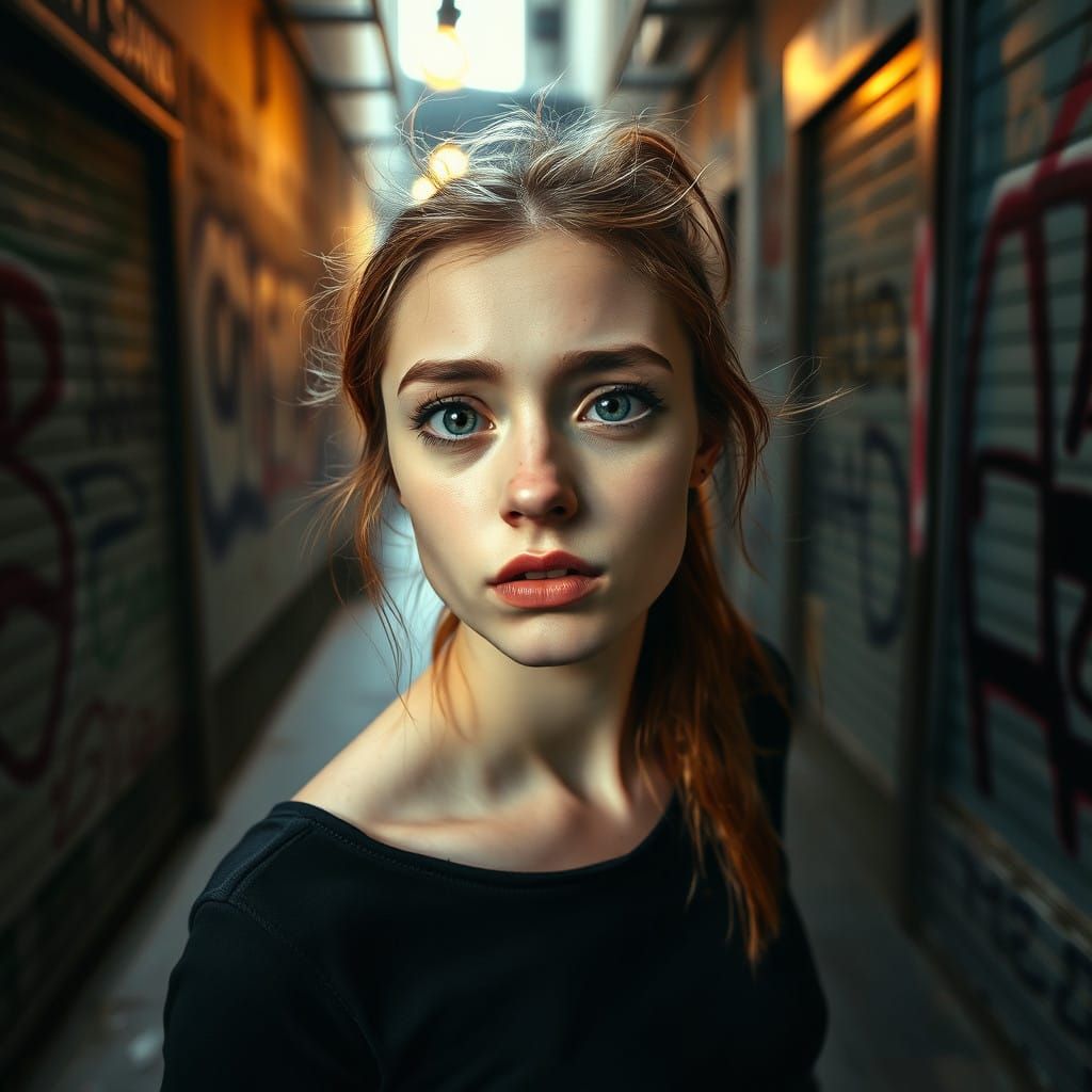 Surrealist Woman Posing in a Gritty Alleyway