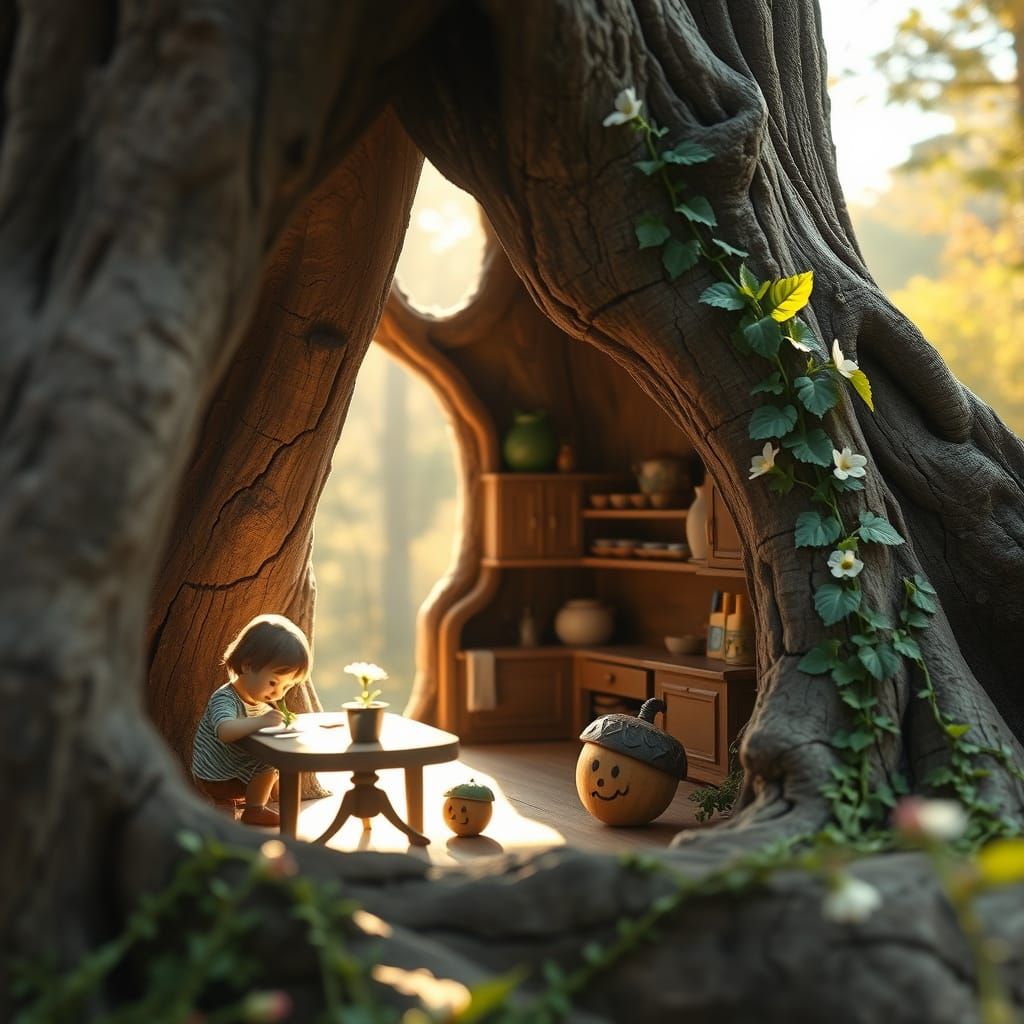 Miniature Home Inside Ancient Tree, Whimsical Domesticity