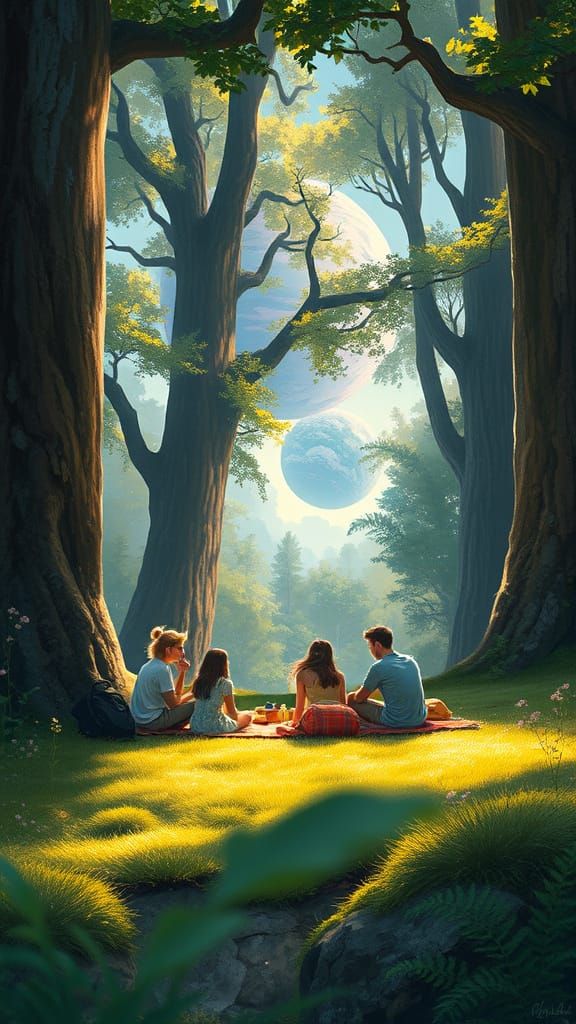 Friends Picnic in Ancient Forest, Digital Art Style