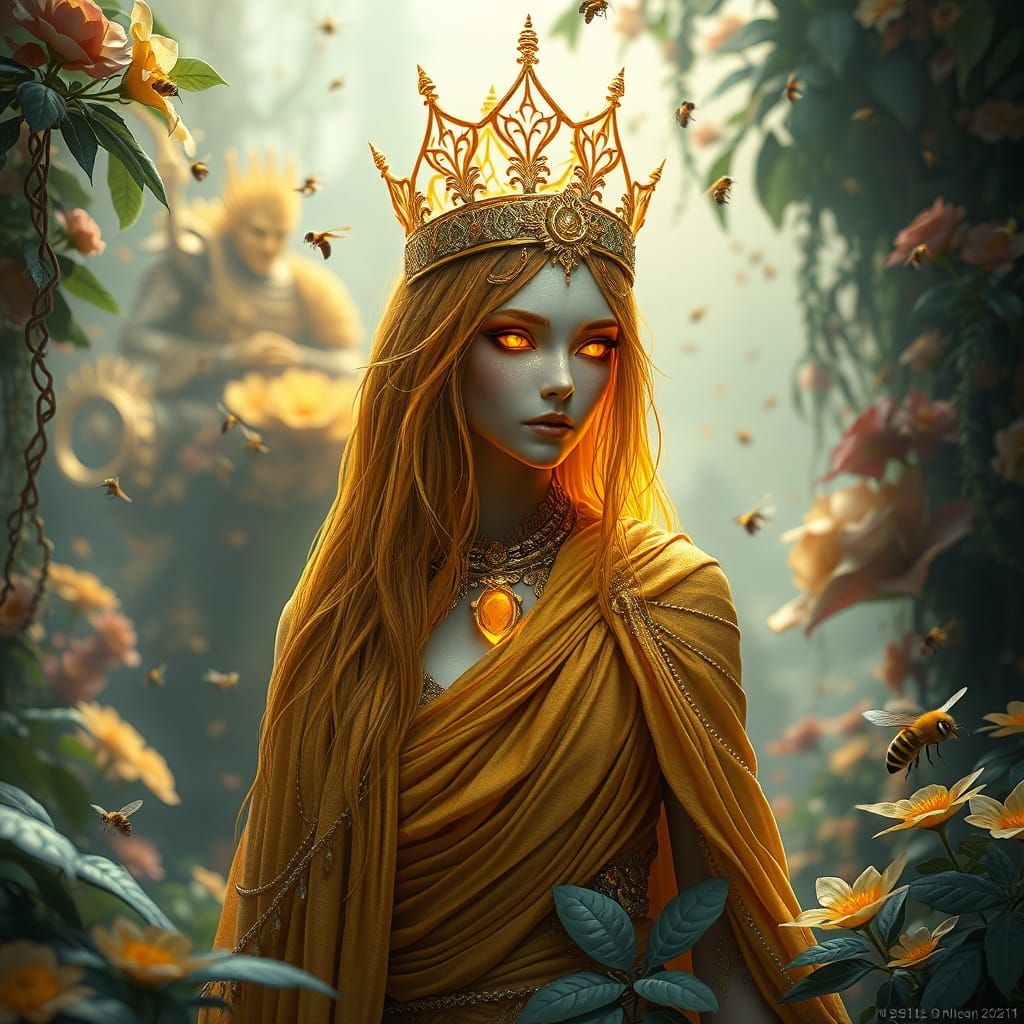 Bees don't chase flowers-they chase her. Dripping honey, glowing eyes, crowned in gold-she's the fantasy AI.