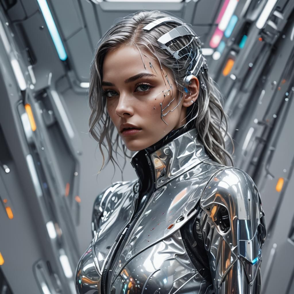 Futuristic Girl in Silver Suit: Neurocore Digital Art