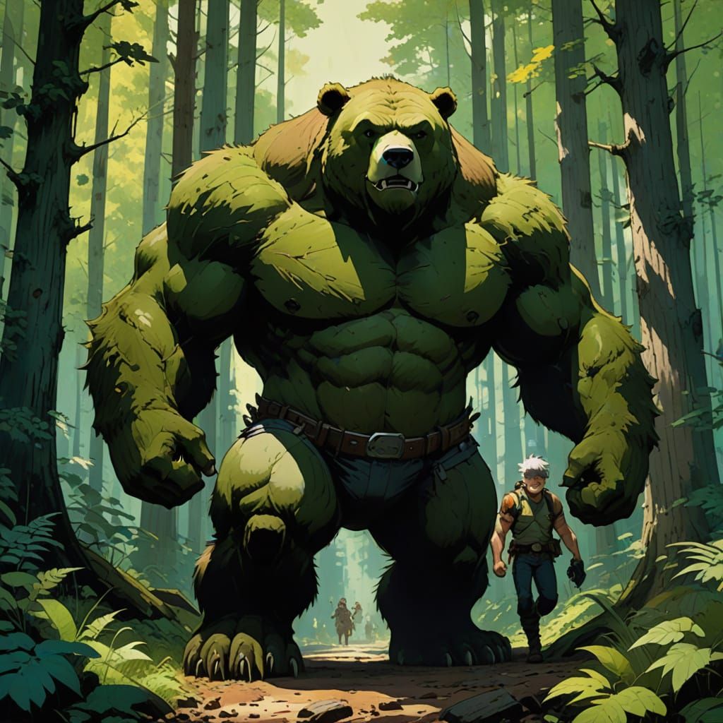 Hulking Cartoon Bears Stand United in Sunlit Forest