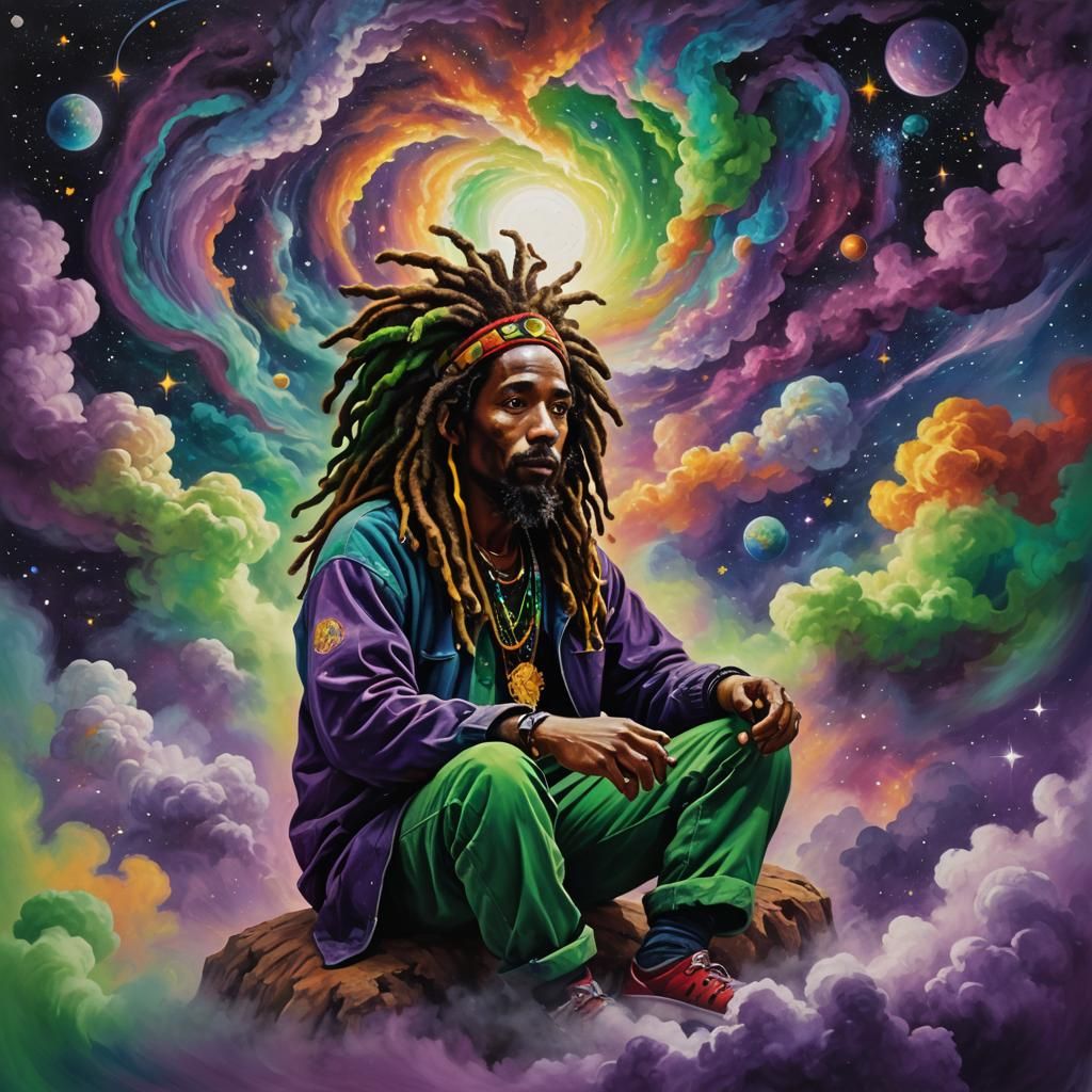 Rastafarian Artist in Cosmic Oil Painting