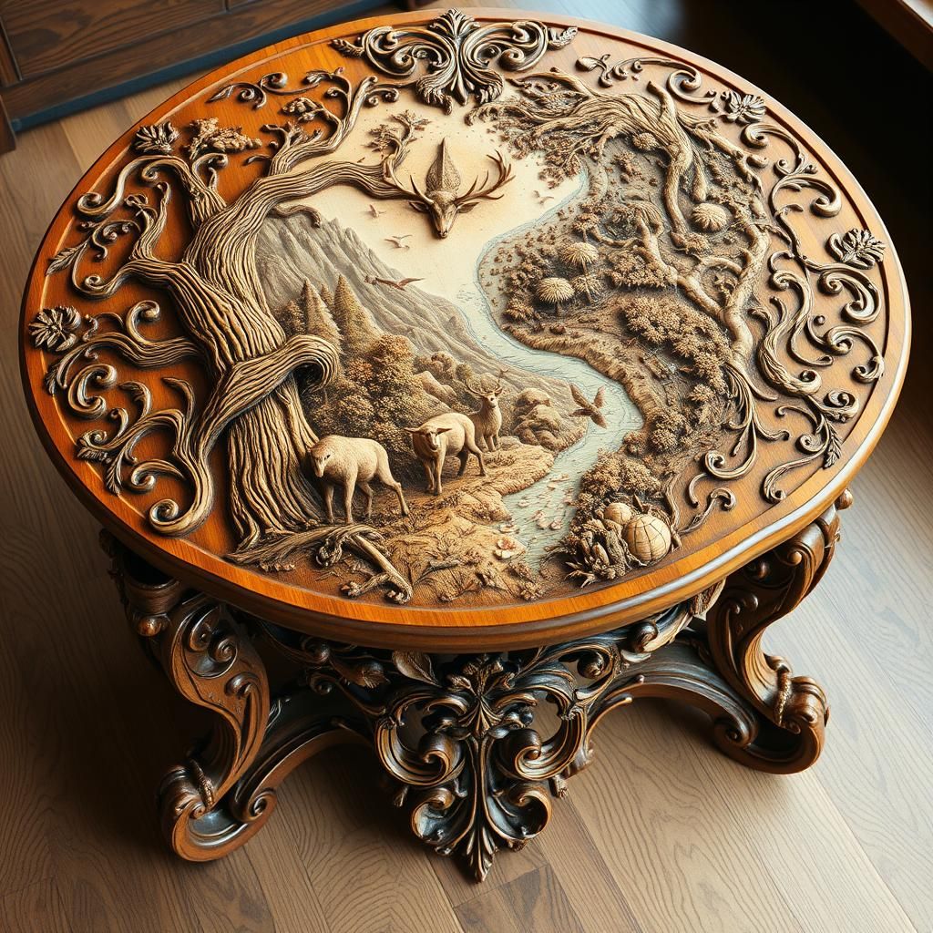 Ornate Wooden Table with Fantasy Map and Forest Scene
