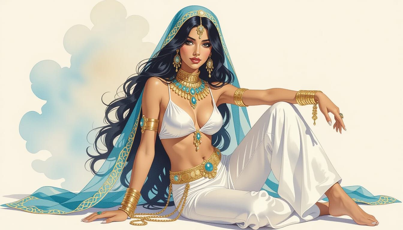 Berber Princess Dancer in Moroccan Bazaar Watercolor Style