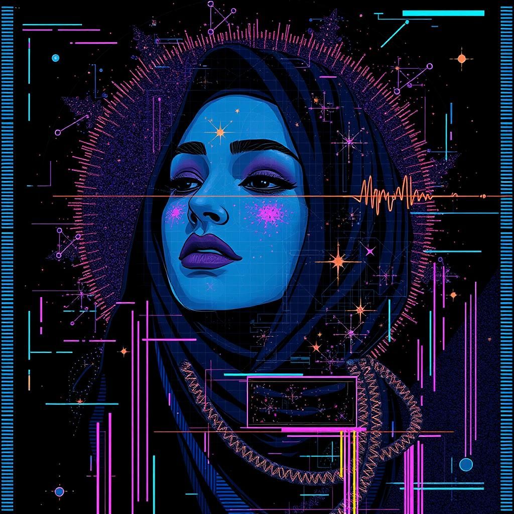 Abstract Indigo Constellation with Hijab in Glitch Art
