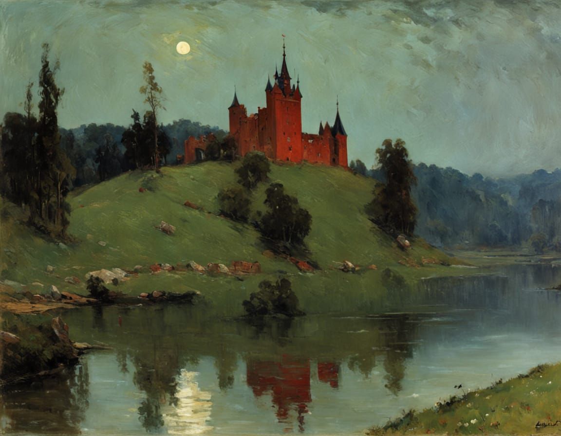 Castle Under a Blood Moonlit Sky