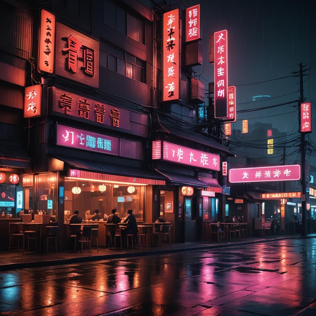Neon Noir Shoin-zukuri Restaurant at Dusk