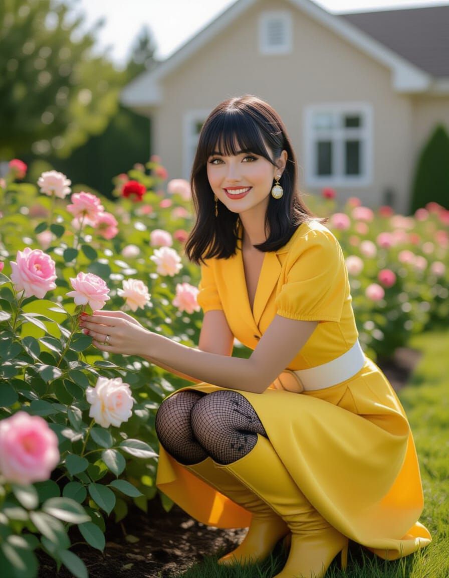 Young Woman Picking Roses in Garden