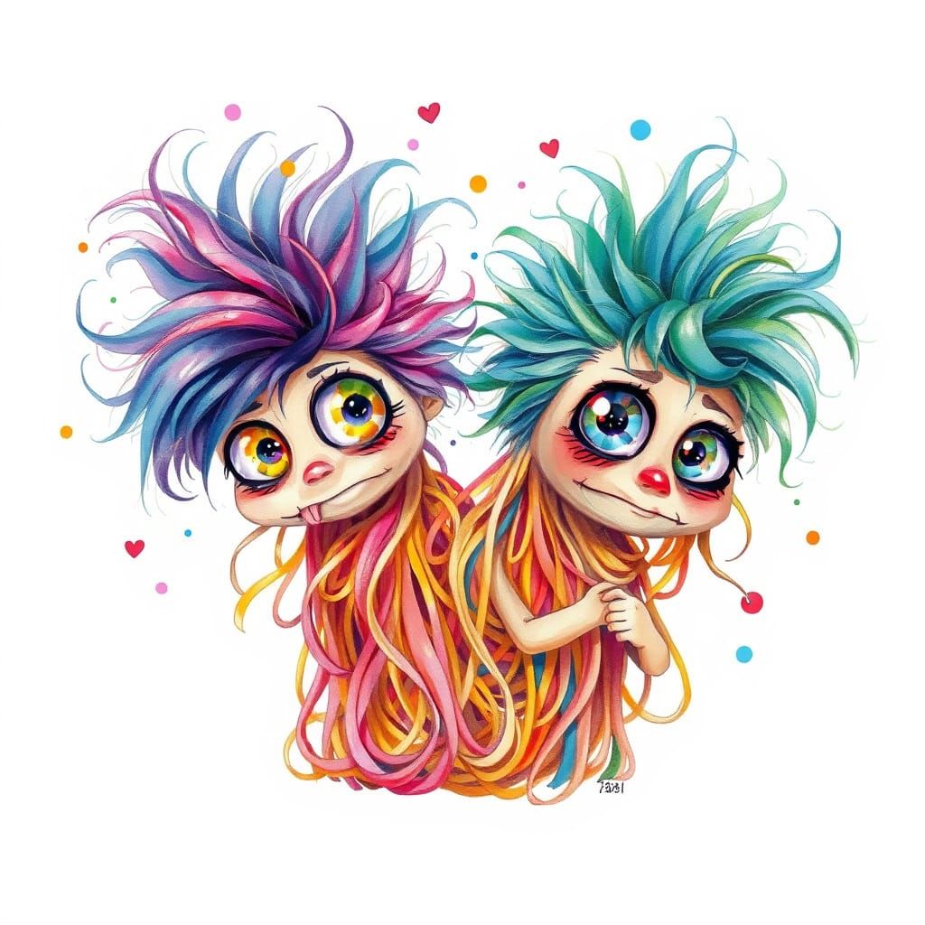Whimsical Hairpunk Spaghetti in Watercolor Style