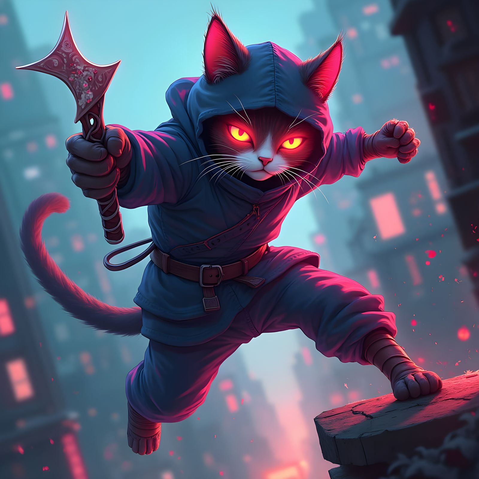 Cyberpunk Ninja Cat Leaps in Neon City