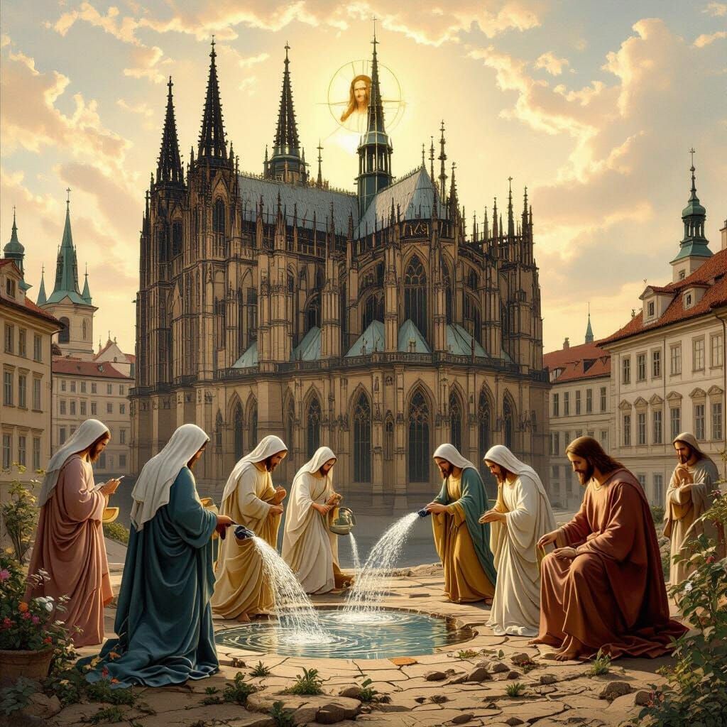 Majestic Cathedral Scene in Prague with Saints