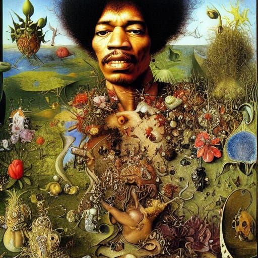 Jimi Hendrix in a Surrealist Garden