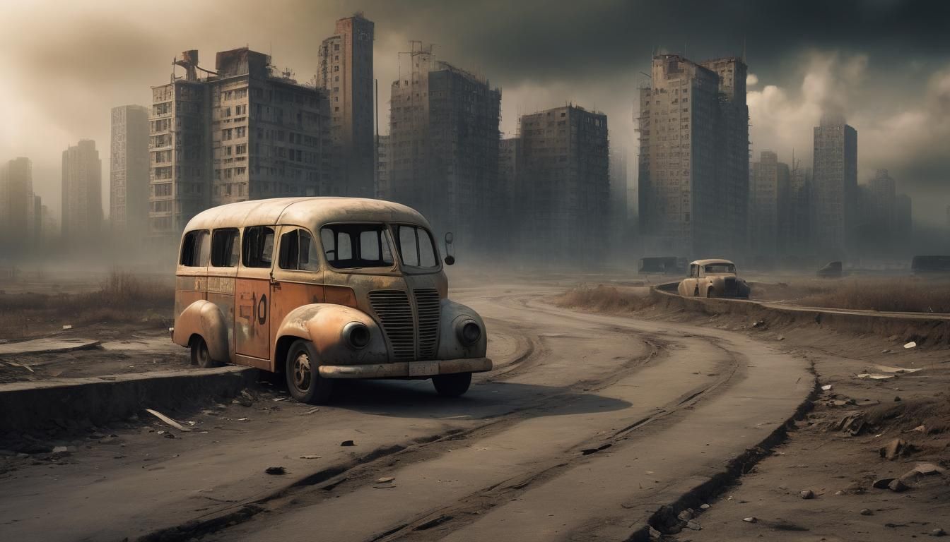 Dystopian Cityscape with Derelict Vehicle in Bauhaus Style